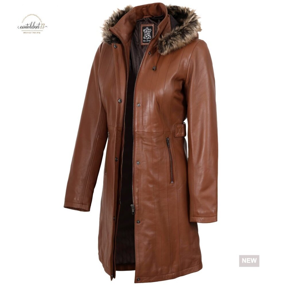 Real Lambskin Leather Coat Hooded Parka Long Sleeve Winter Anorak
